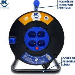 Enrouleur 50M 3G1.5 IP20 avec 4 Prises à Clapet, Robuste et Idéal pour Usage Intensif en Intérieur^Keli France
