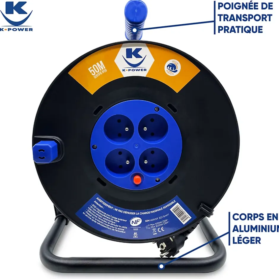 Enrouleur 50M 3G1.5 IP20 avec 4 Prises à Clapet, Robuste et Idéal pour Usage Intensif en Intérieur^Keli France