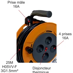 Enrouleur 15m H05VV-F 3G1.50 mm² - 4 prises 16A - garantie 2 ans-Arcotec Hot