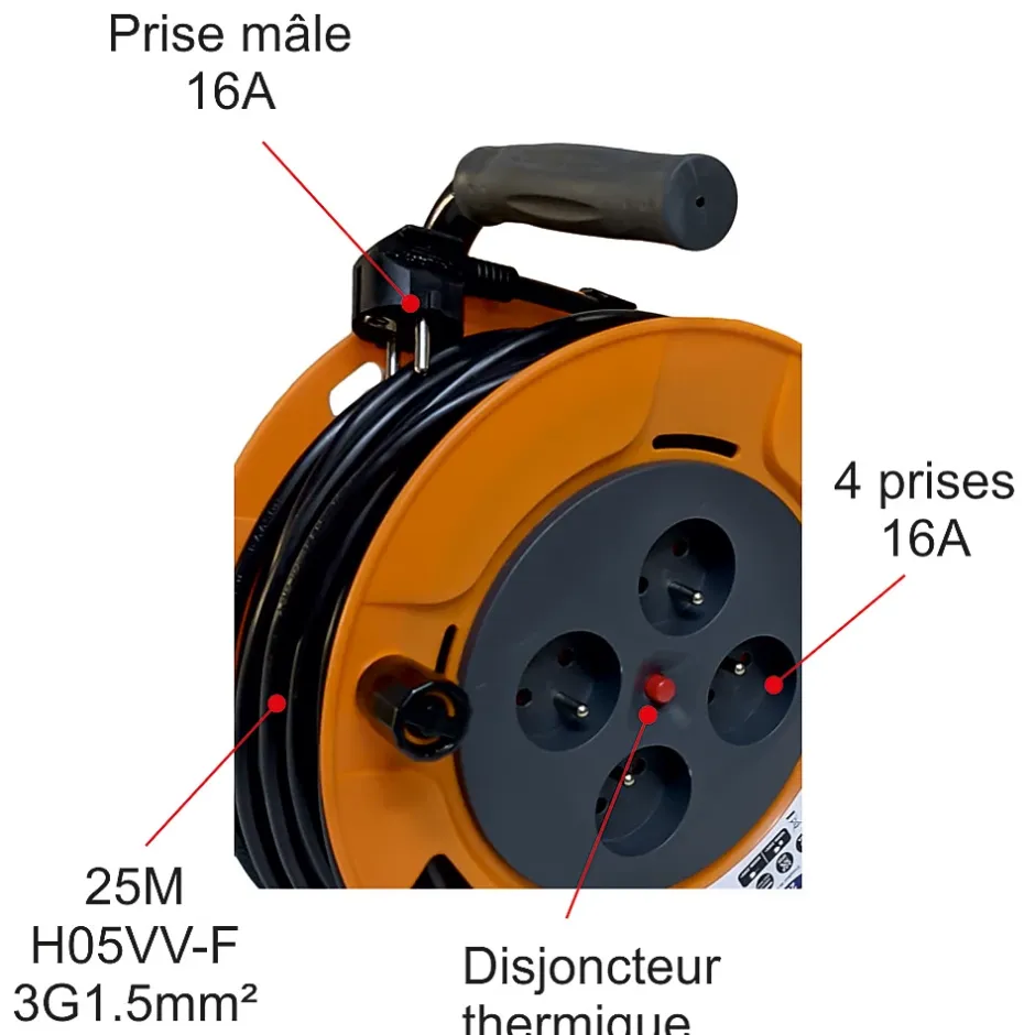 Enrouleur 15m H05VV-F 3G1.50 mm² - 4 prises 16A - garantie 2 ans-Arcotec Hot