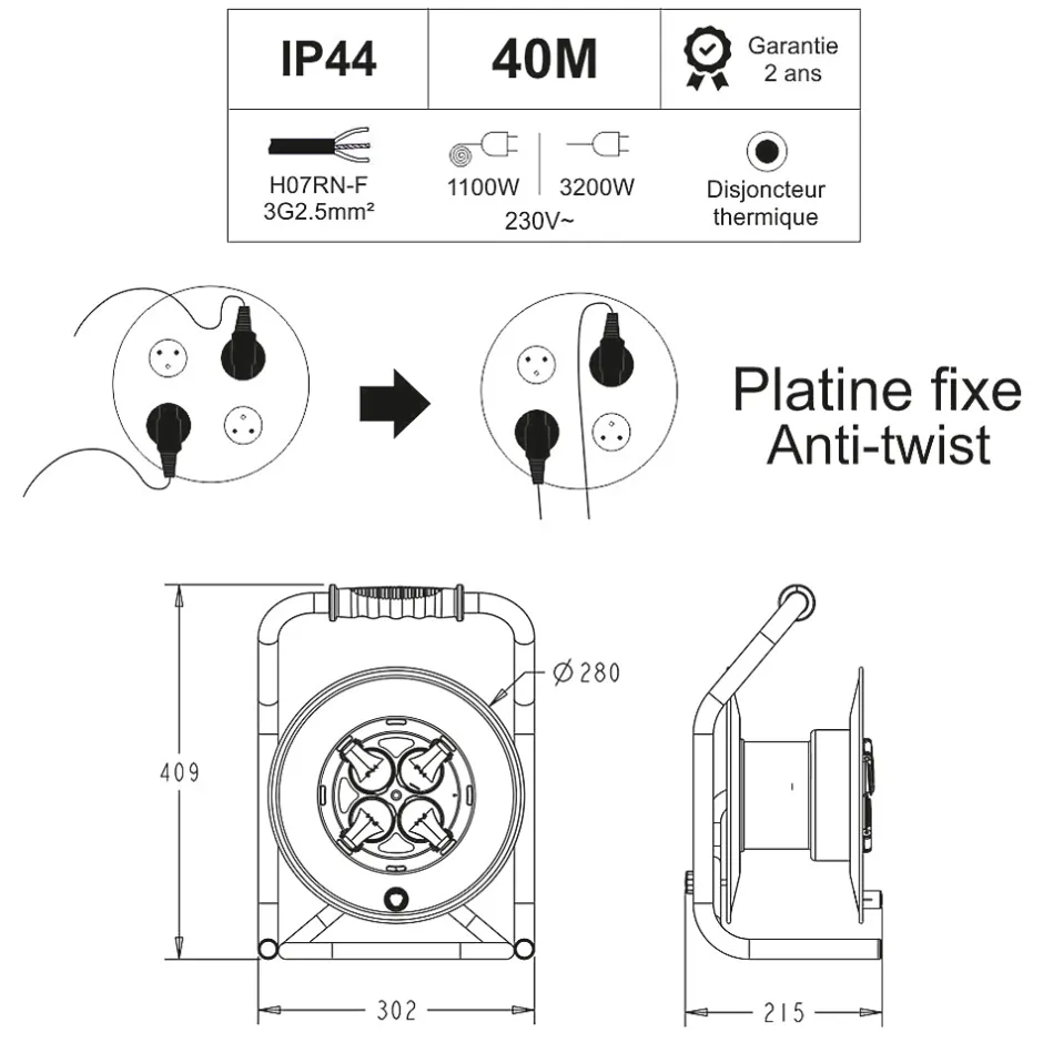 Enrouleur PRO de chantier 3G2.5 40m IP44 platine fixe (anti twist) - câble H07RN-F- 4 prises 16A - garantie 2 ans^Arcotec Discount