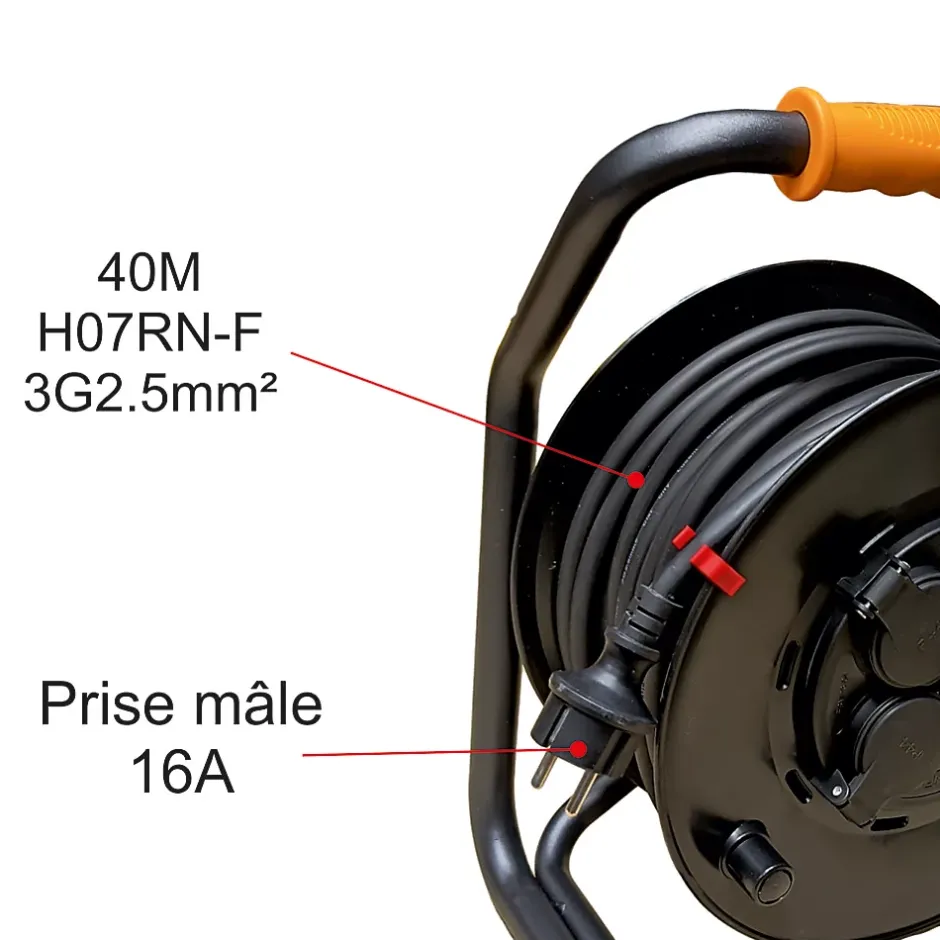 Enrouleur PRO de chantier 3G2.5 40m IP44 platine fixe (anti twist) - câble H07RN-F- 4 prises 16A - garantie 2 ans^Arcotec Discount