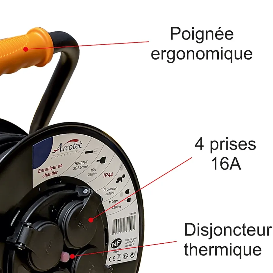 Enrouleur PRO de chantier 3G2.5 40m IP44 platine fixe (anti twist) - câble H07RN-F- 4 prises 16A - garantie 2 ans^Arcotec Discount