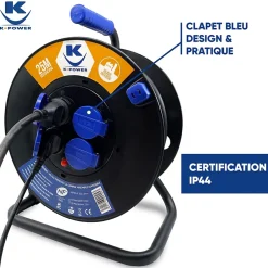 Enrouleur Pro 25M 3G2.5 IP44 avec 4 Prises à Clapet pour Usage Intensif en Intérieur & Extérieur^Keli France Best
