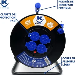 Enrouleur Pro 40M 3G2.5 IP44 avec 4 Prises à Clapet pour Usage Intensif en Intérieur & Extérieur^Keli France Discount