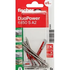 Fischer DuoPower 6 x 50 S A2 - Set de 4 chevilles avec vis inox 6 mm, longueur 50 mm^O91 New