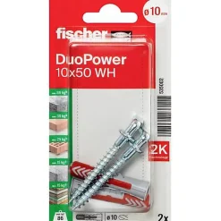 Fischer DuoPower 10 x 50 WH - Set chevilles nylon 10 mm avec 2 crochets coudés, pack 2-O91 Best