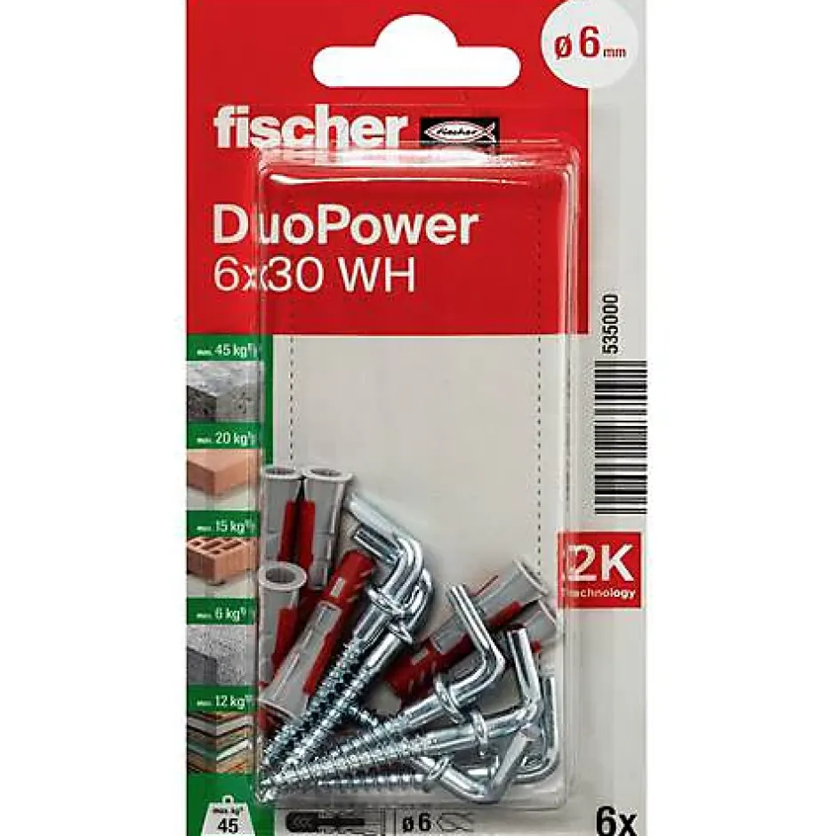 Fischer DuoPower 6 x 30 WH Set de 6 chevilles nylon avec crochets coudés^O91 Online