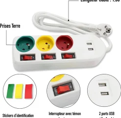 - Multiprise Trio Color - 3 prises avec interrupteurs + 2 ports USB - Câble 1,8 m - 3680W - ABS robuste^Fishtec Discount