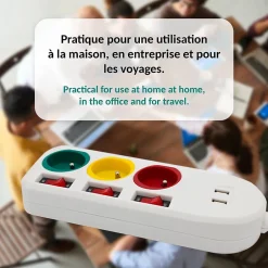 - Multiprise Trio Color - 3 prises avec interrupteurs + 2 ports USB - Câble 1,8 m - 3680W - ABS robuste^Fishtec Discount