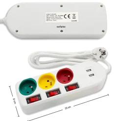 - Multiprise Trio Color - 3 prises avec interrupteurs + 2 ports USB - Câble 1,8 m - 3680W - ABS robuste^Fishtec Discount