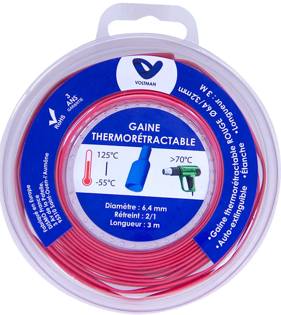 Gaine thermorétractable 3m - diamètre 6,4/3,4mm - Rouge --Voltman New