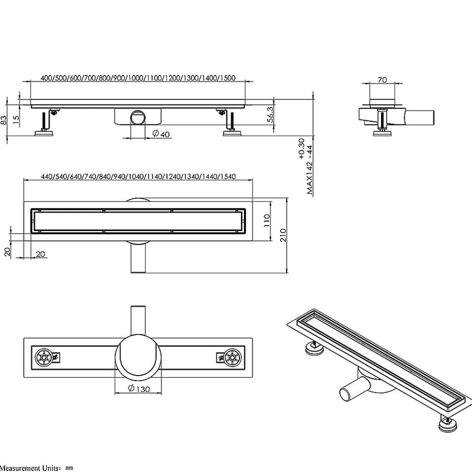 Caniveau de douche Siphon tournant 360 à carreler pour douche italienne largeur 100 cm^Grand Verre Sale
