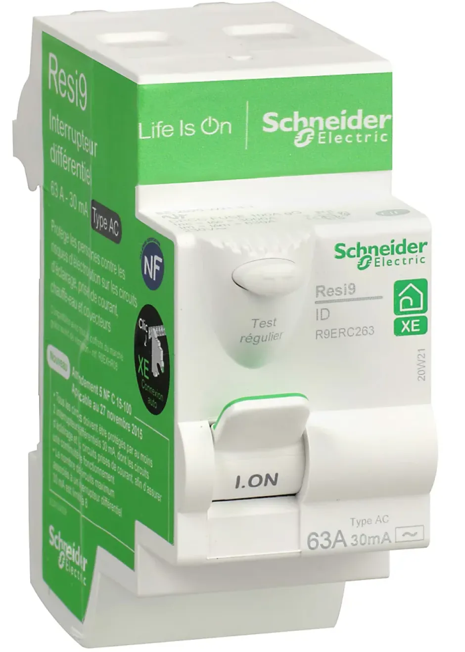 Interrupteur différentiel embrochable 2P 63A 30mA Type AC Resi9 XE^Schneider Electric Hot