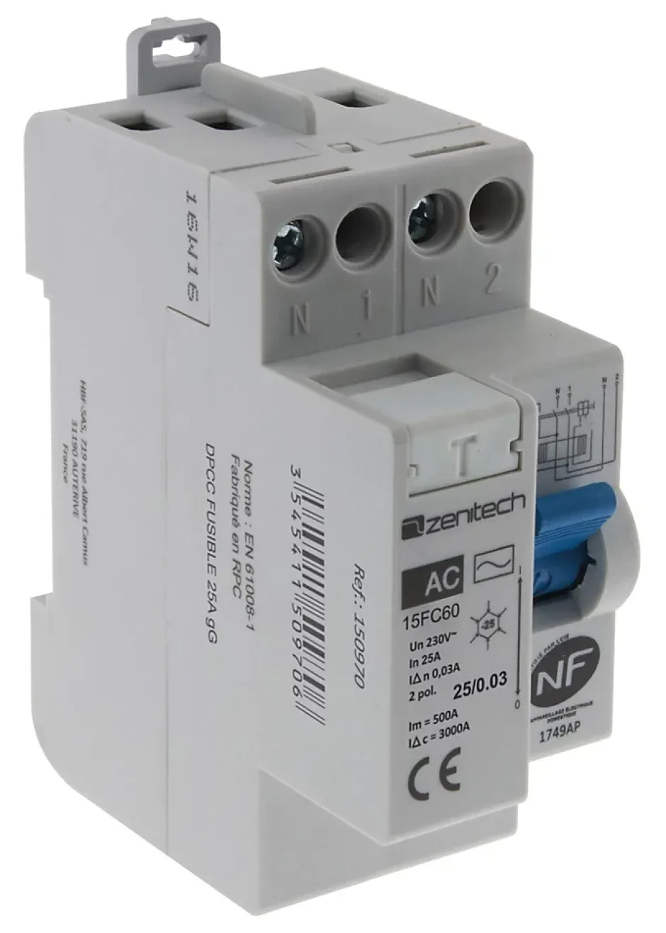 Interrupteur différentiel 25/2 30mA Type AC NF --Zenitech