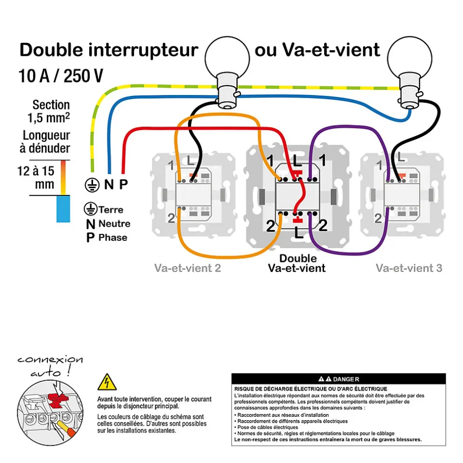 Interrupteur double va-et-vient connexion rapide 10A Unica Déco aluminium-Schneider Electric Best
