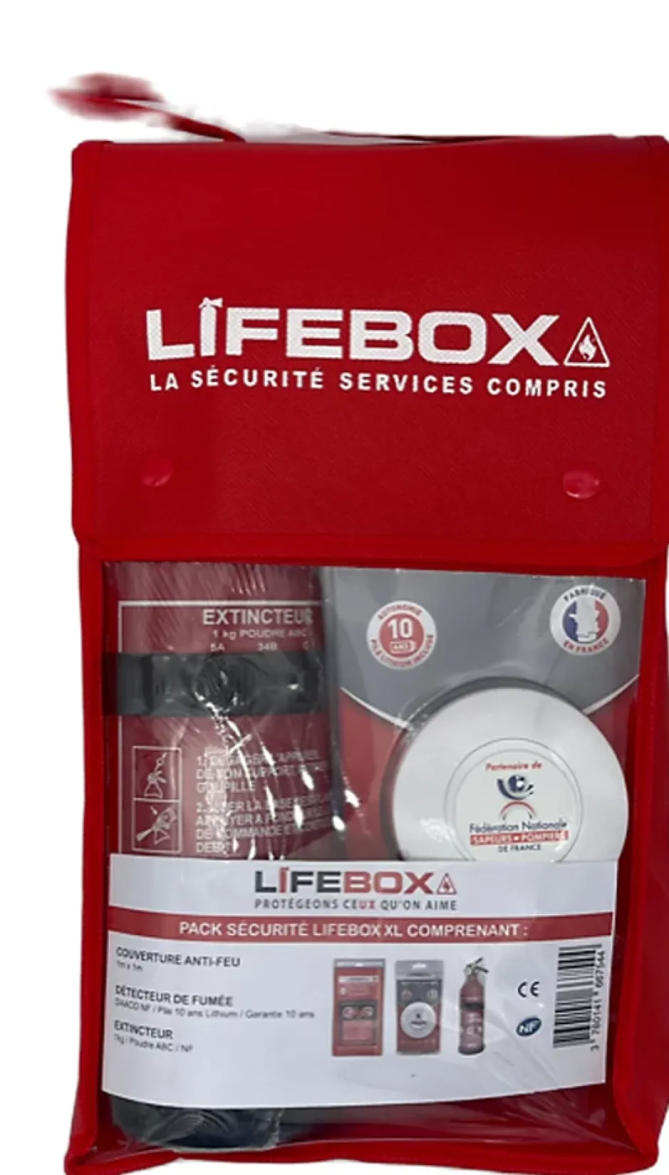 Kit de sécurité Lifebox (détecteur de fumée 10 ans, extincteur 1 kilo Poudre ABC, couverture anti feu 1mx1m)- Discount