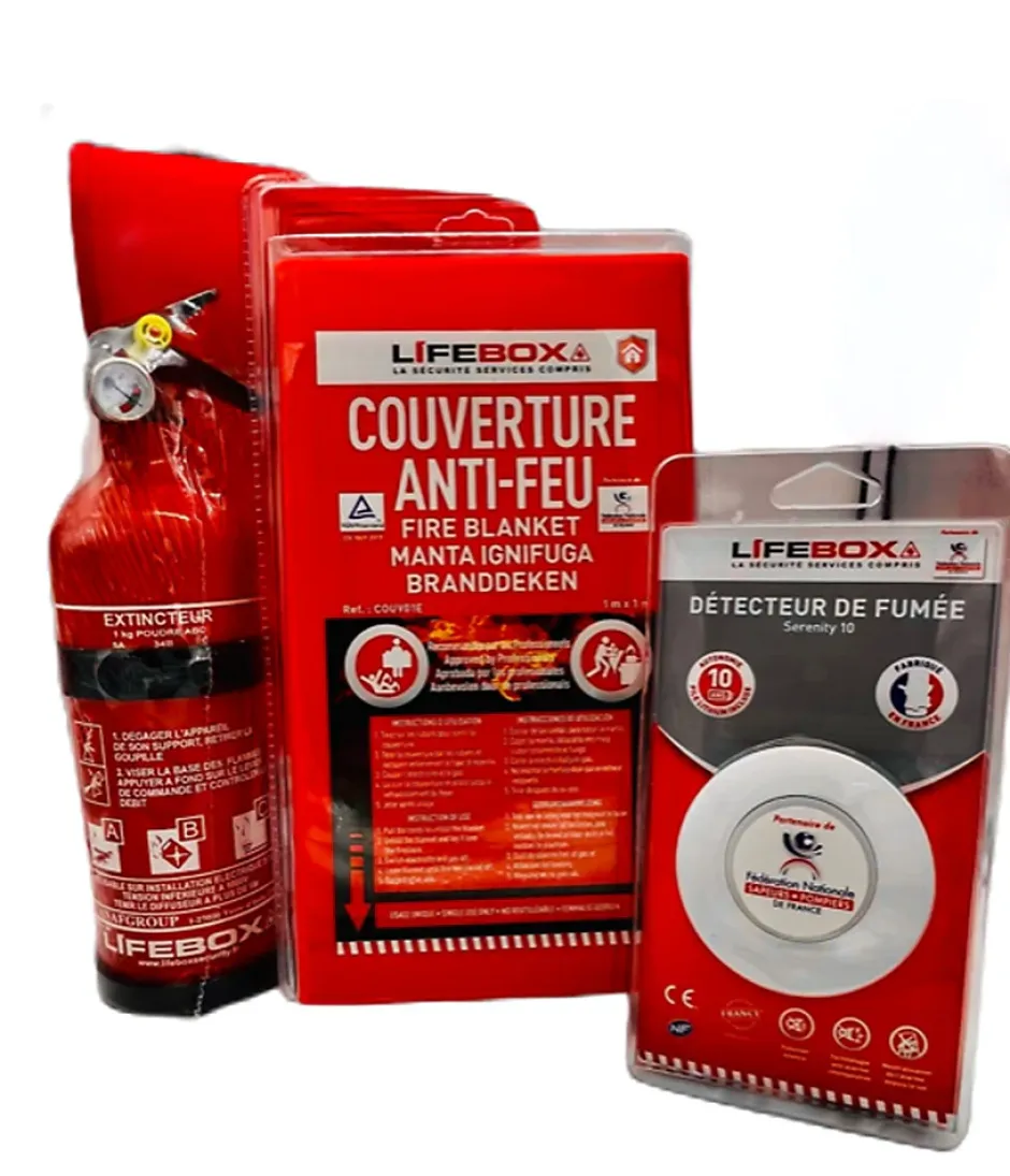 Kit de sécurité Lifebox (détecteur de fumée 10 ans, extincteur 1 kilo Poudre ABC, couverture anti feu 1mx1m)- Discount