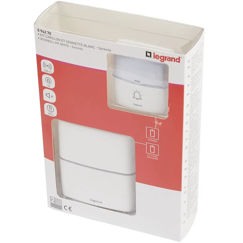 Kit Serénité carillon et sonnette sans fil 30 mélodies + MP3 alimentation par piles - blanc^Legrand New