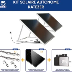 Kit Solaire KATEZER Connecté 840W - Prêt à Brancher - PV Bifacial - Installation Facile - Suivi Direct - Pose : Sol, Mur, Balcon-Keli France