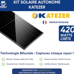 Kit Solaire KATEZER Connecté 420W - Prêt à Brancher - PV Bifacial - Installation Facile - Suivi Direct - Pose : Sol, Mur, Balcon^Keli France Hot