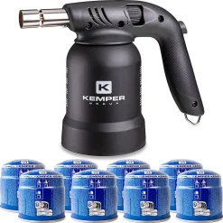 Lampe à souder à gaz Professionnelle Utilisation 360 degrés Chalumeau gaz Allumage piezo + 8 Cartouches gaz Perçables-Kemper Best