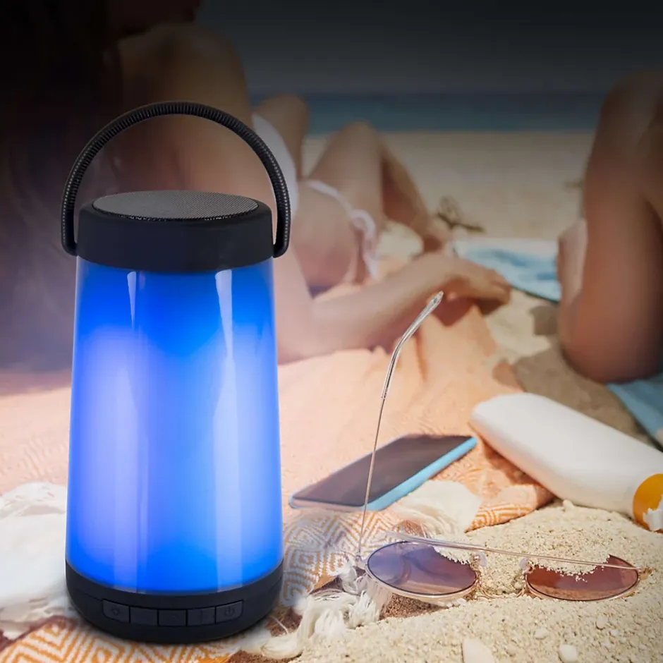 Lampe de table LED avec haut-parleur BT 'FESTA' pour l'extérieur en plastique noir avec LED intégrées, hauteur 18 cm^Näve