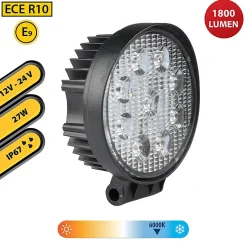 Lampe de travail ronde 12/24 V, 27 W et 1 800 lumens, IP67. Noir^Stak New