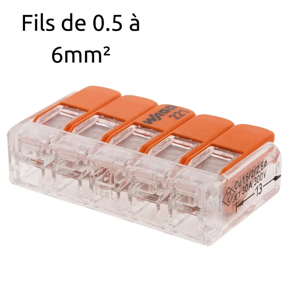 Lot de 3 bornes de raccordement S221 - 5 conducteurs avec leviers 6mm² --Wago Best