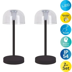 Lot de 2 lampes de table LED rechargeables 'Gomba' pour l'extérieur et l'intérieur, en métal et plastique noir , hauteur 18,5 cm^Näve Sale