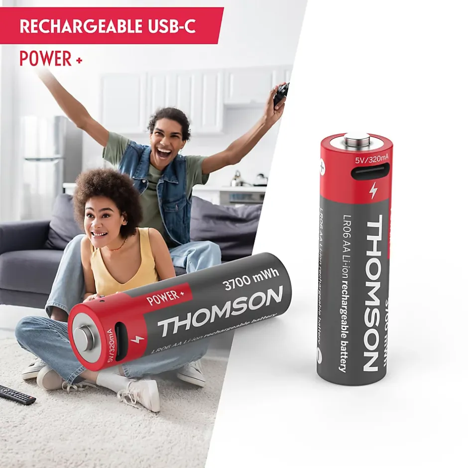 Lot de 4 Piles AA - LR06 Li-ion 1,5V rechargeables par USB-C avec câble multi USB - 520300-Thomson