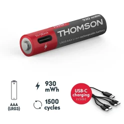 Lot de 4 Piles AAA - LR03 Li ion 1,5V rechargeables par USBC avec câble multi USB - 520302^Thomson