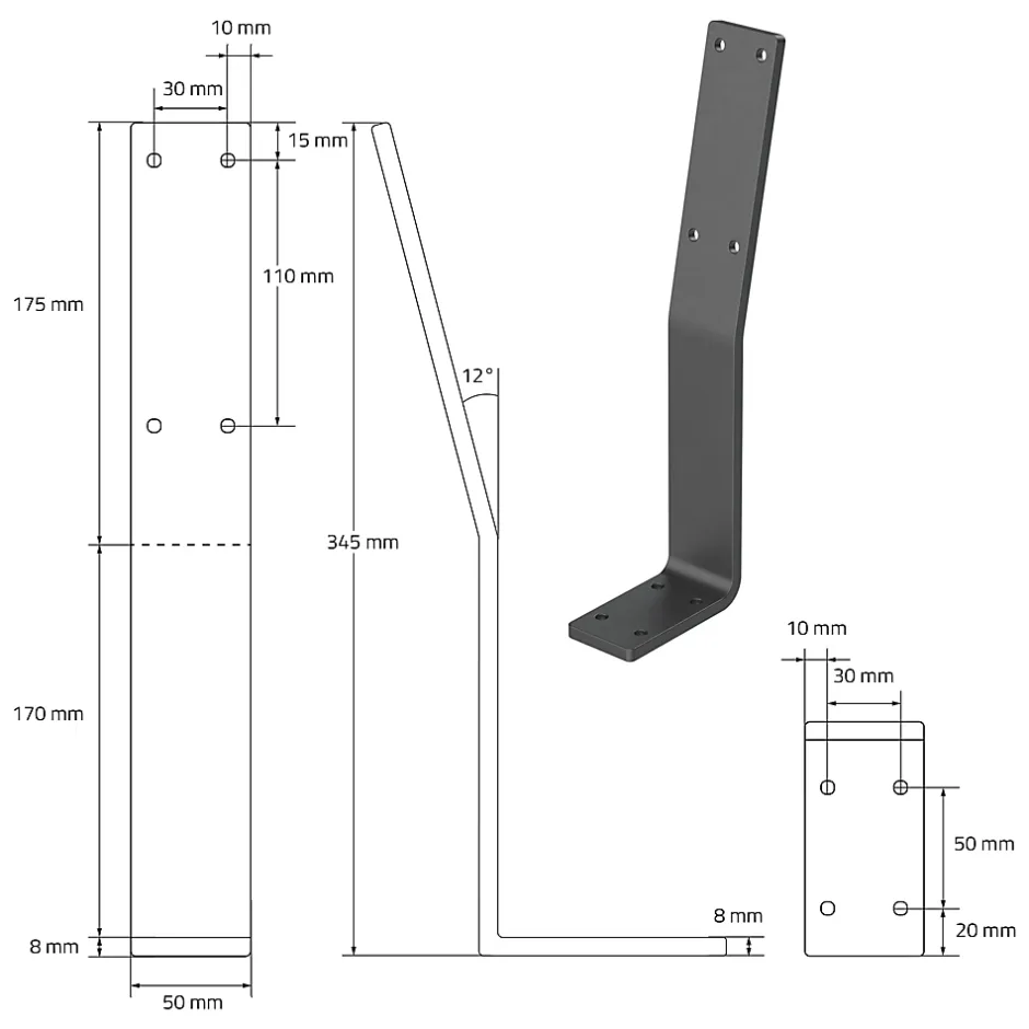Lot de 2 supports de dossier en acier gris à visser pour siège lit 345x90x50 mm-Ml-Design Hot