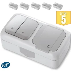 Lot de 5 Va et vient + Prise 2P+T étanche IP54- - Gris - NF-Viko By Panasonic New