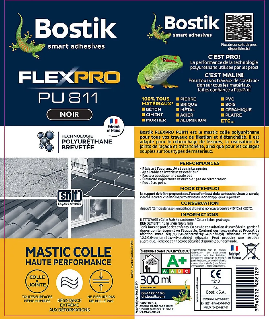 Mastic colle Flexpro PU 811 noir 300ml-Bostik New