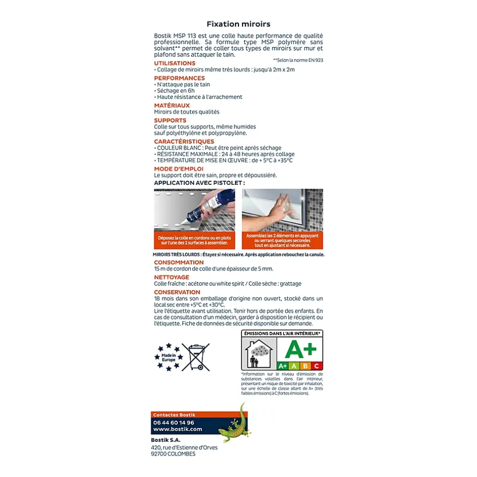 Mastic de Fixation MSP 113 pour Miroirs Blanc Cartouche 290 ml^Bostik Best