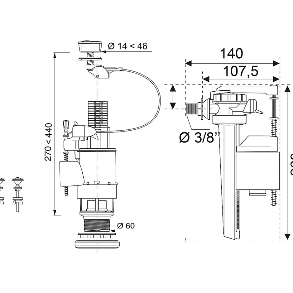 Mécanisme de chasse d'eau double chasse latéral 3L/6L MW2 + câble + robinet-Wirquin