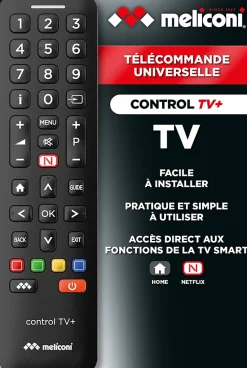 - Télécommande universelle CONTROL TV+ pour une TV - 100% fonctions d'origine - Accès direct Netflix - programmation simp^Meliconi
