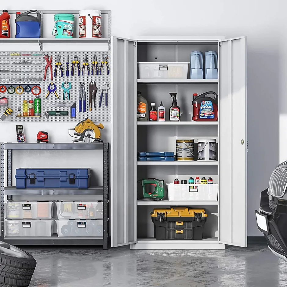 Meuble de Rangement Bureau, en Acier, Placard, avec 5 Étagères, Doubles Portes, Serrure, Armoire à Outils, Étagères Réglables-Nature Pro