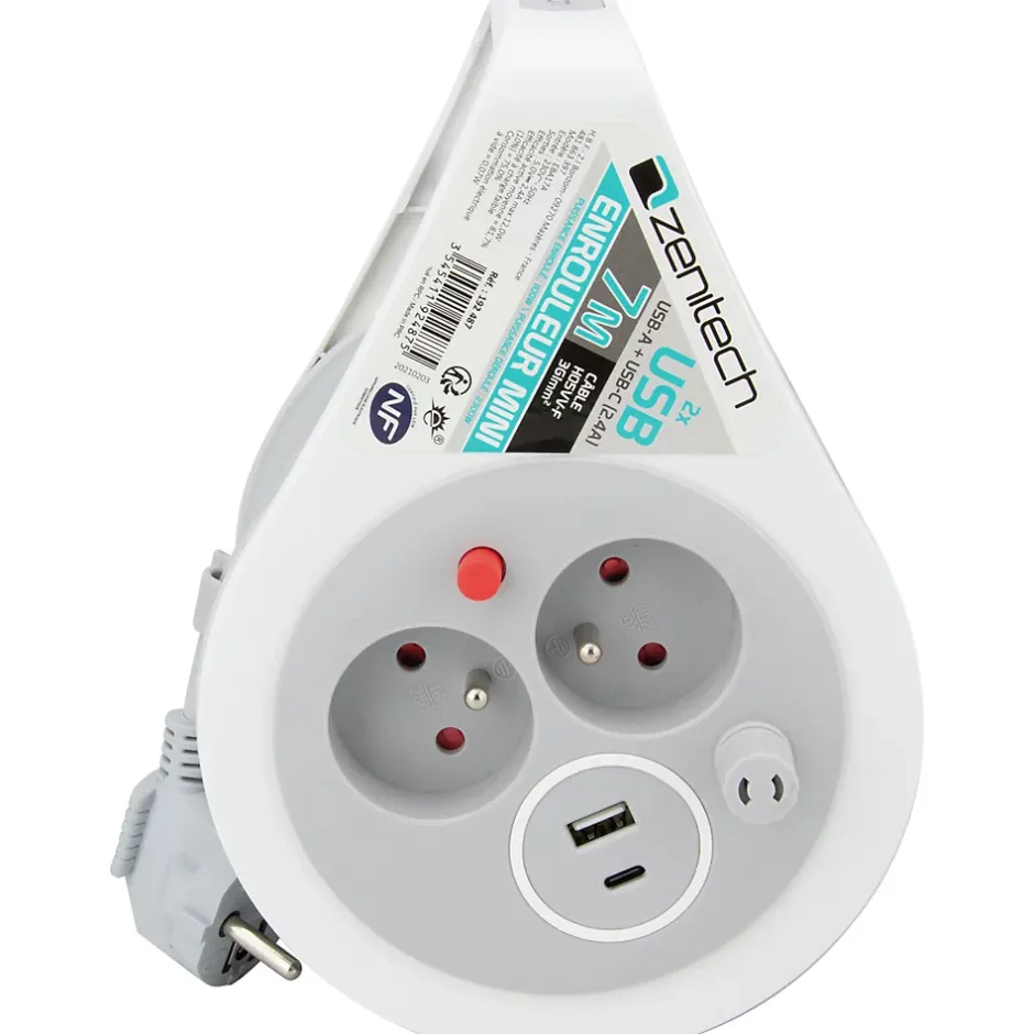 Mini enrouleur H05VV-F 3G1 3 prise de 16A + USB 7m gris^Zenitech Sale