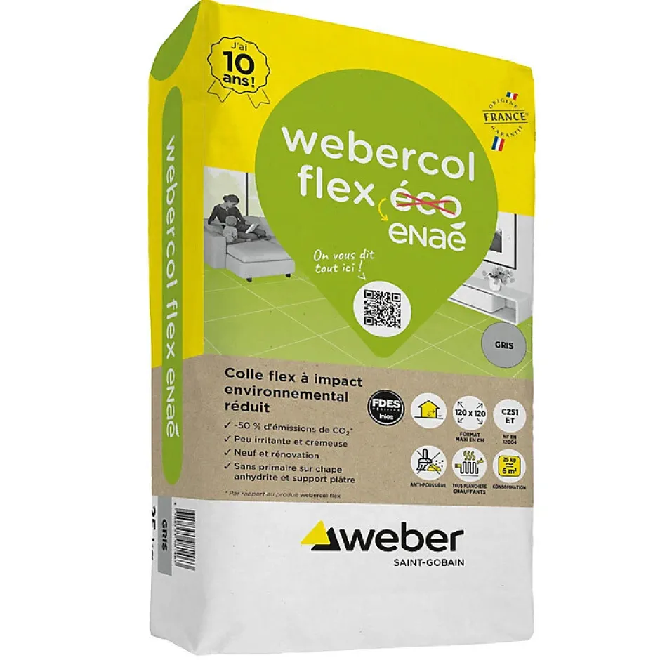 Mortier - colle déformable pour carrelage (C2 et S1) COL FLEX ECO - Sac de 25 Kg - GRIS^Weber