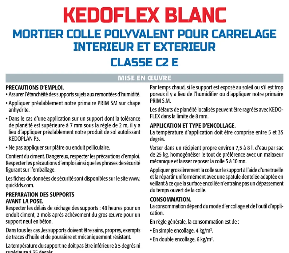 Mortier Colle Polyvalent pour Carrelage Kedoflex Blanc , Intérieur/Extérieur, sac de 25 kg-Semin