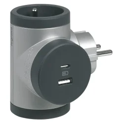 Multiprise 2 prises + 1 x USB-A + 1 x USB-C rotative aluminium et gris-Legrand Online