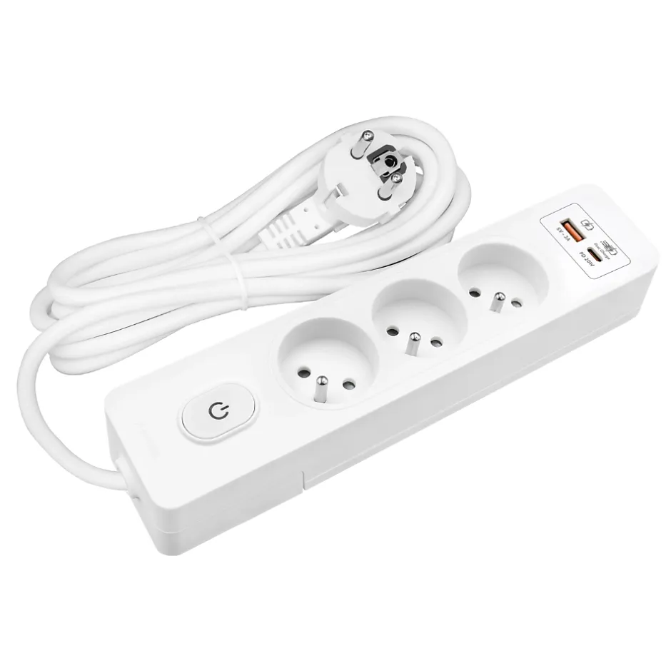 Multiprise G3FH12B, 3 prises type E + interrupteur, USB A+C charge rapide 20W, Blanc, câble 1.5m-Seldur Discount