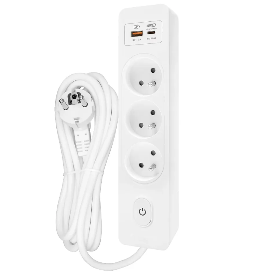 Multiprise G3FH12B, 3 prises type E + interrupteur, USB A+C charge rapide 20W, Blanc, câble 1.5m-Seldur Discount