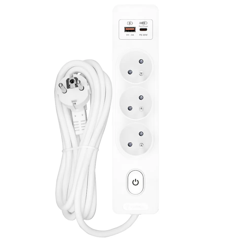 Multiprise G3FH12B, 3 prises type E + interrupteur, USB A+C charge rapide 20W, Blanc, câble 1.5m-Seldur Discount