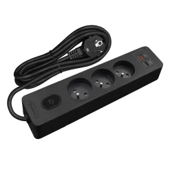 Multiprise G3FH32S, 3 prises type E + interrupteur, USB A+C charge rapide 20W, Noir, câble 3m-Seldur
