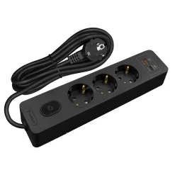 Multiprise G3TH12S, 3 prises type F + interrupteur, USB A+C charge rapide 20W, Noir, câble 1.5m^Seldur Online