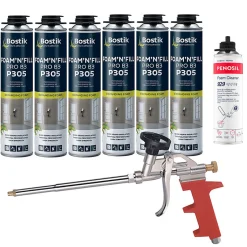 Pack 6 Mousses expansives PU pistolable P305 Foam'n'Fill 750ml + Nettoyant FoamCleaner 929 500ml + Pistolet manuel^Bostik New