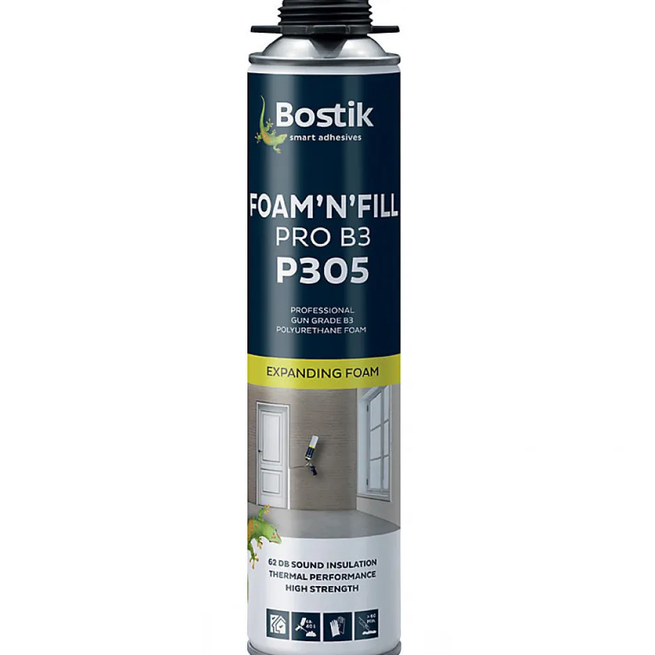Pack 24 Mousses expansives PU pistolable P305 Foam'n'Fill 750ml + 12 Nettoyants mousse PU CL12 500ml + Pistolet manuel-Bostik Outlet